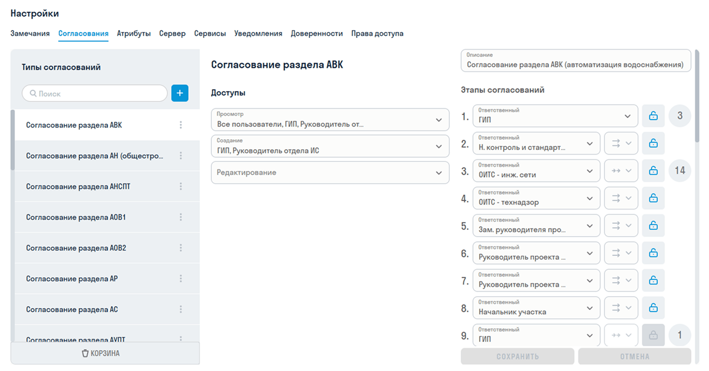 Настройка согласований Настройка согласований